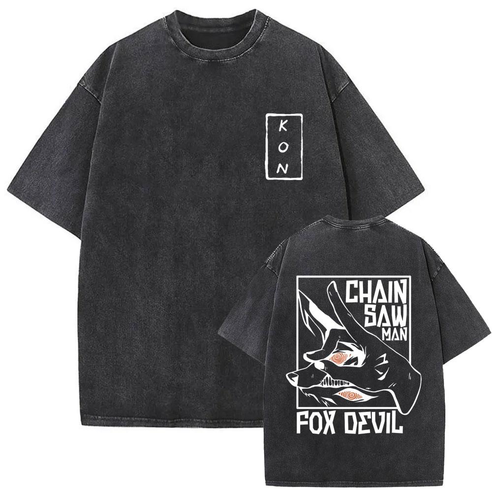 Anime Chainsaw Man Vintage Washed Women's T-shirt Hayakawa Aki Summon Kon Fox Devil Graphic T Shirts Men Women Casual Fashion T-shirts