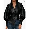 Women Black Faux Leather Jacket Wide Lapel Lantern Sleeve Slim Fit
