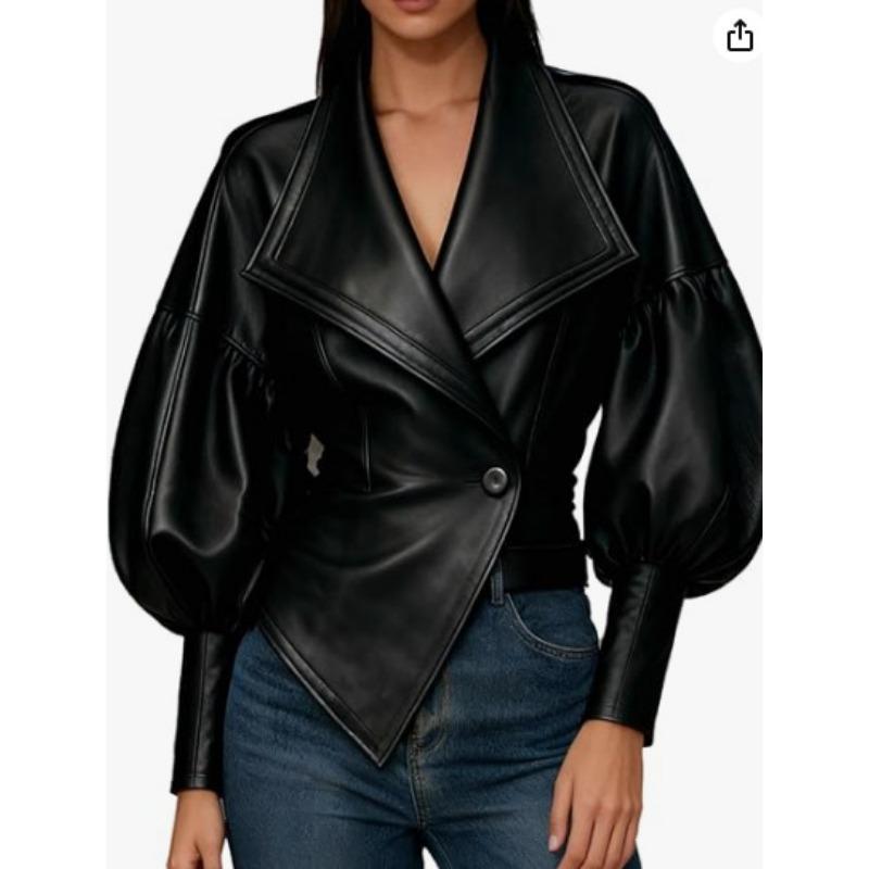 Women Black Faux Leather Jacket Wide Lapel Lantern Sleeve Slim Fit