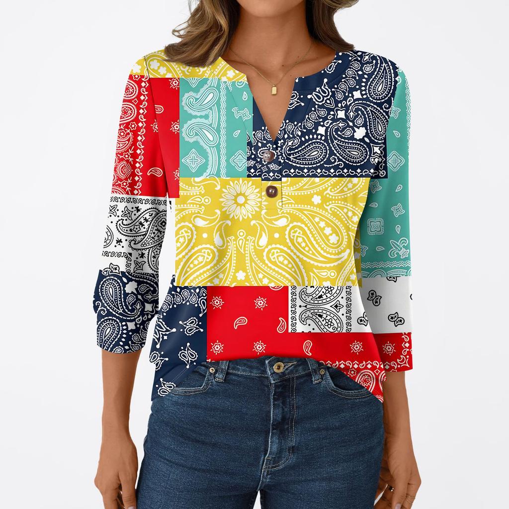 Women's Fashion Casual 3/4 Sleeve T-Shirt Prints V-Neck Button Top