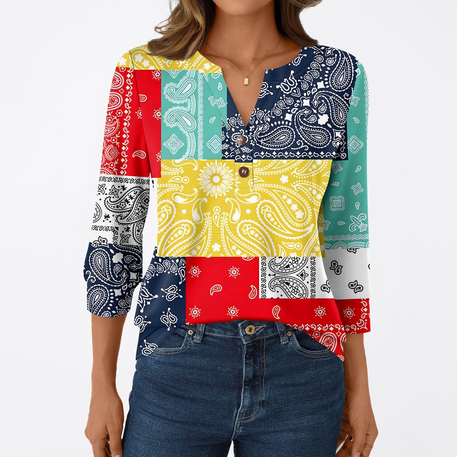 

Женская модная повседневная футболка с рукавом 3/4, с принтами, V-образным вырезом и пуговицами XL жёлтый