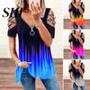 Top Morbido da Donna T-shirt Estiva Scollo a V Maniche Corte Decorazione Strass Spalle Scoperte Taglia Plus Blusa Orlo Ampio Contrasto Colore Gradiente Donna