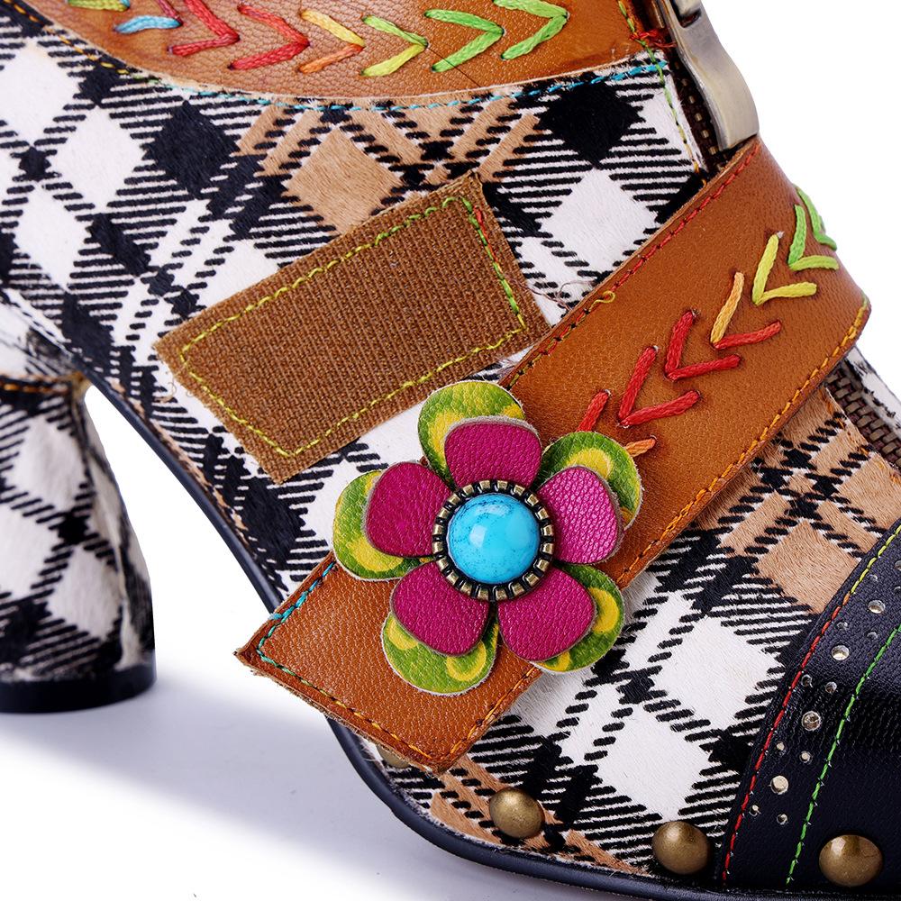 Johnature Retro Plaid Patchwork Comfortable High Heels Genuine Leather Rivet Fashion Women's Pumps