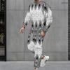 Men Plus Size Black White Printed Two Piece Set Round Neck Long Sleeve Top Cuffed Pants