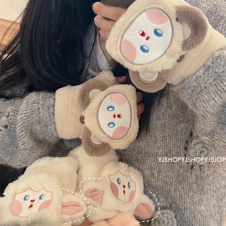 Korean Version of Cute Cartoon Flip Gloves for Women In Winter Warmth Plus Velvet Thickened Half Finger Exposed Finger Windproof Riding Gloves