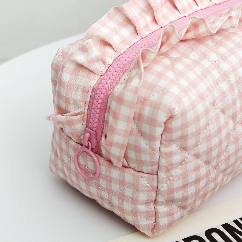 Portable Makeup Bag Quilted Design Multifunctional Makeup Brush Storage Bag Plaid Pattern with Zipper Travel Toiletry Bag