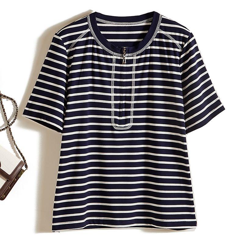 

Cotton Comfortable Breathable Quiet Female Summer Breathable Tops! round Neck Front Zipper Short Sleeve Stripes T-shirt Pure Love Welfare Dark Blue L