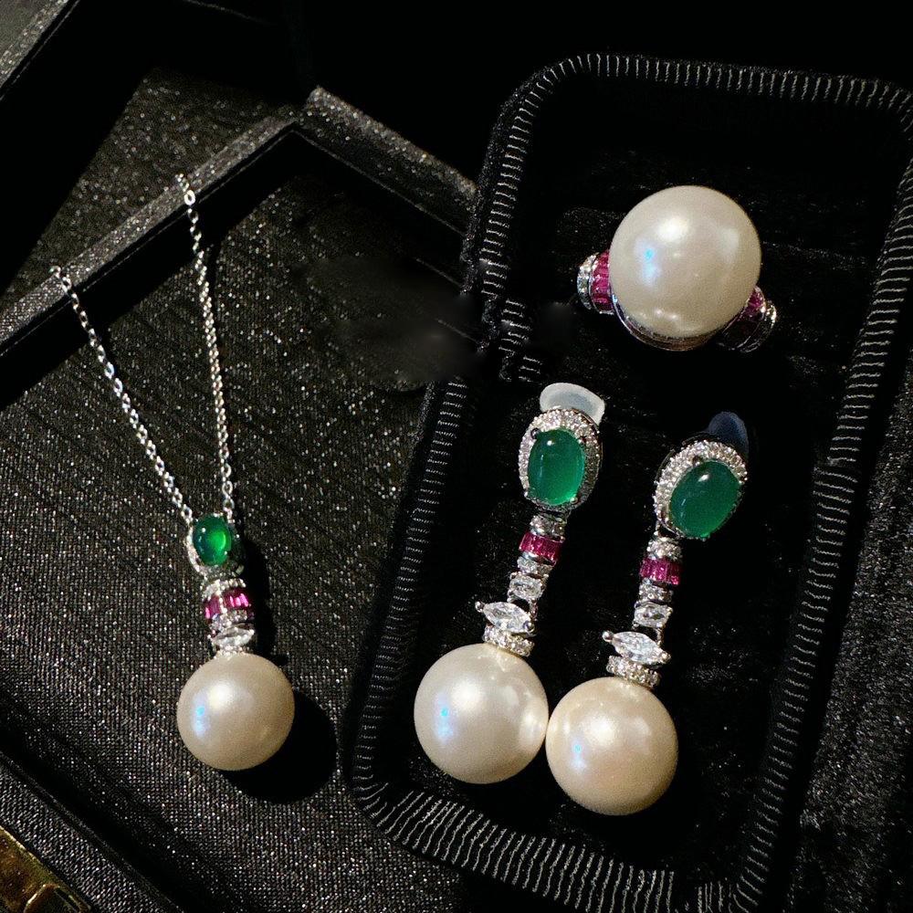 Women Brazil Chrysoprase Agate Gemstone Pearl Earrings Necklace Set