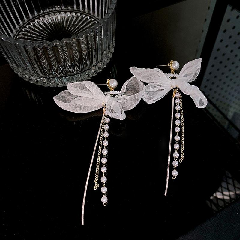 Women 'S Summer Lace Bow Pearl Tassel Earrings Fashion Simple Women Jewelry Exquisite Trend Fashion Stud Earrings