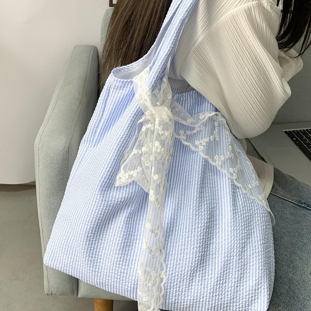 Canvas Striped Shoulder Bag Literary Style Large Capacity Underarm Bag Canvas Hobo Bag  Shopping