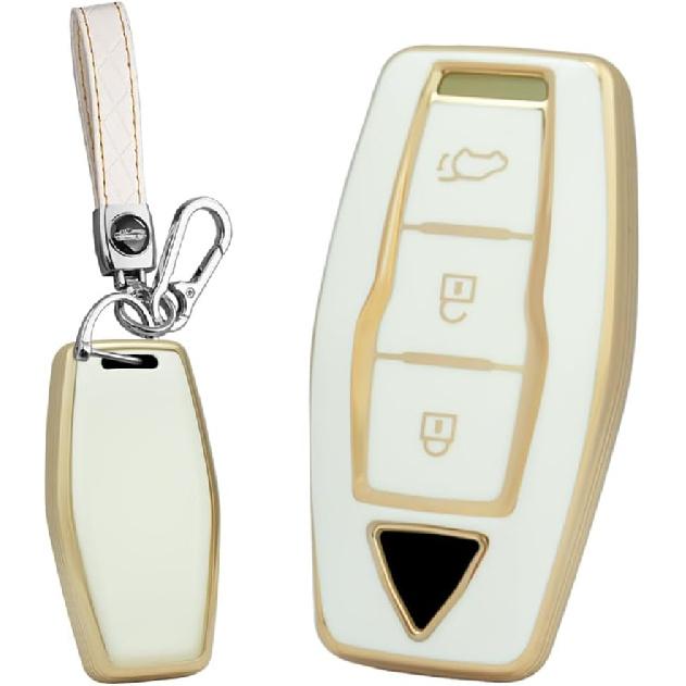 

SANRILY Golden-Edge 3 Button 2023 Key Fob Cover Fit for Mitsubishi Outlander 2022 2021 New Key Keyless with Leather Keychain Black Beige-3 Button
