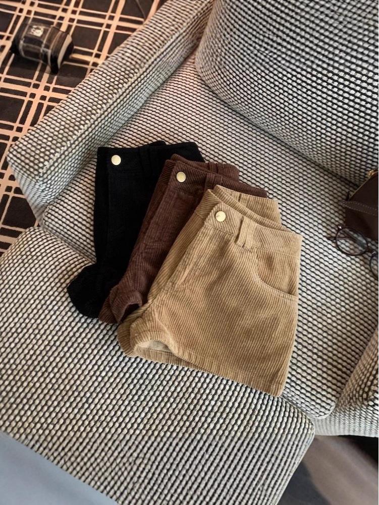 Pantalones Cortos Casuales de Pana Caqui de Pierna Ancha Retro para Hombres y Mujeres