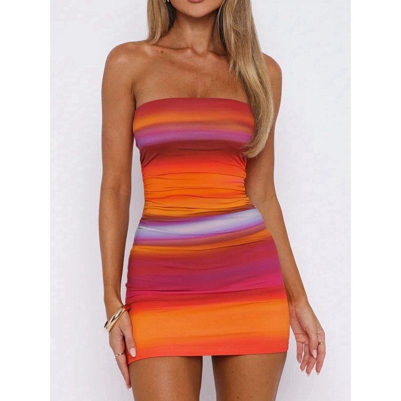

Outfitgirl Summer Rainbow Printing Sexy Tube Top Pleated Waist Tight Sheath Dress Club Wear Short Skirt Color M