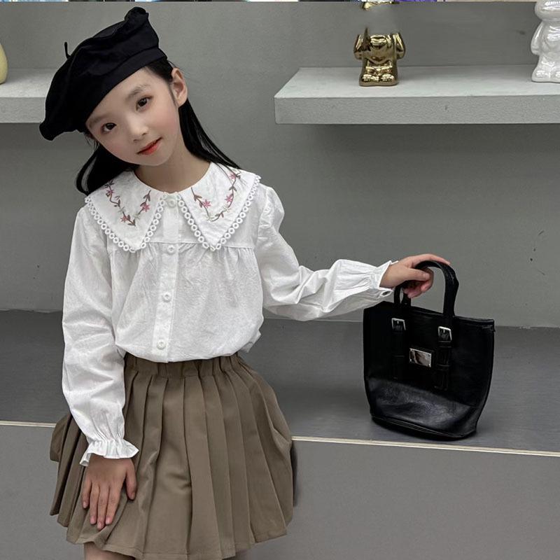 2024 Spring/Autumn Girls' White Cotton Shirt, Turn-Down Collar, Fashionable Student Top
