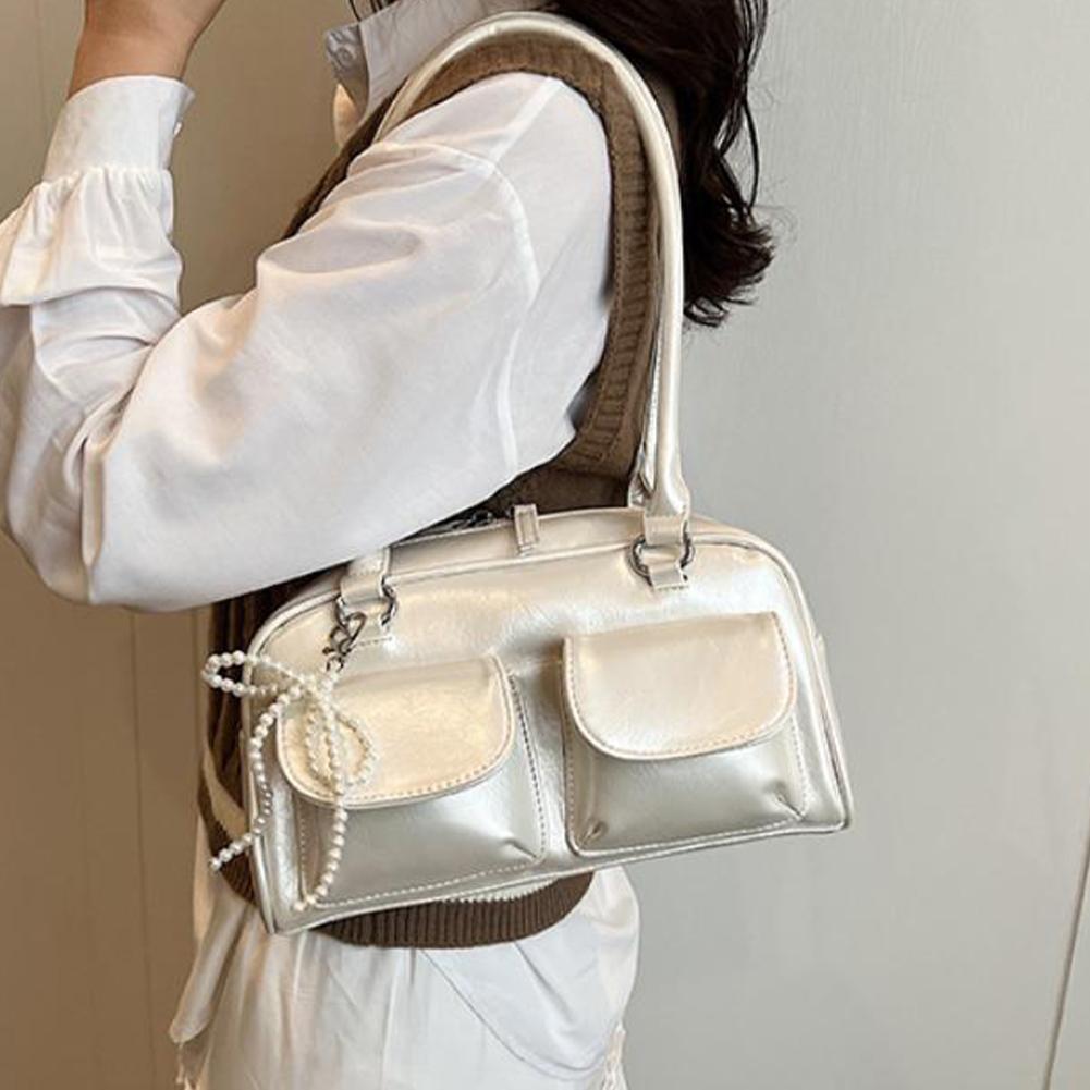 Women Leather Shoulder Bag with Pendant Trendy Shoulder Handbag Top Handle Bag Simple Commuting Bag for Work Travel белый 3960₽