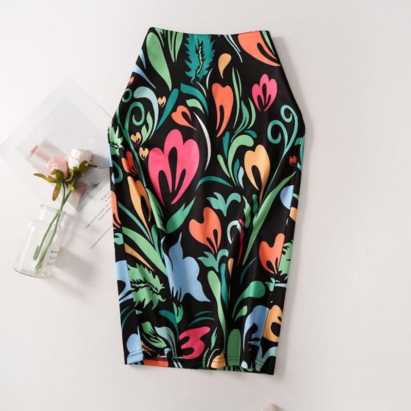 Printed Elegant Temperament Skirt Ladies Fashion Floral Bag Hip Skirt Sexy Summer Cool Retro Style