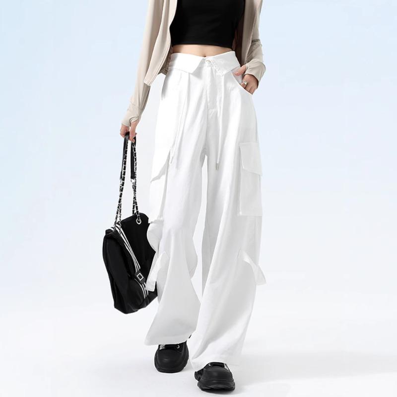 Vintage High Street Wide-leg Overalls Women's Spring New High-waisted Waist-turned Design Sports Casual Pants