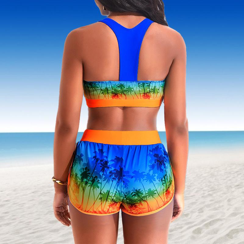 Women's Shoulder Strap Swimsuit Blue Orange Print Bikini Tankini Swimsuit