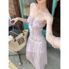 Kumikumi Gyaru Style Pattern Pleat Sling Dress Women Summer Niche Chic Waist Hugging A- line Skirt Long dress