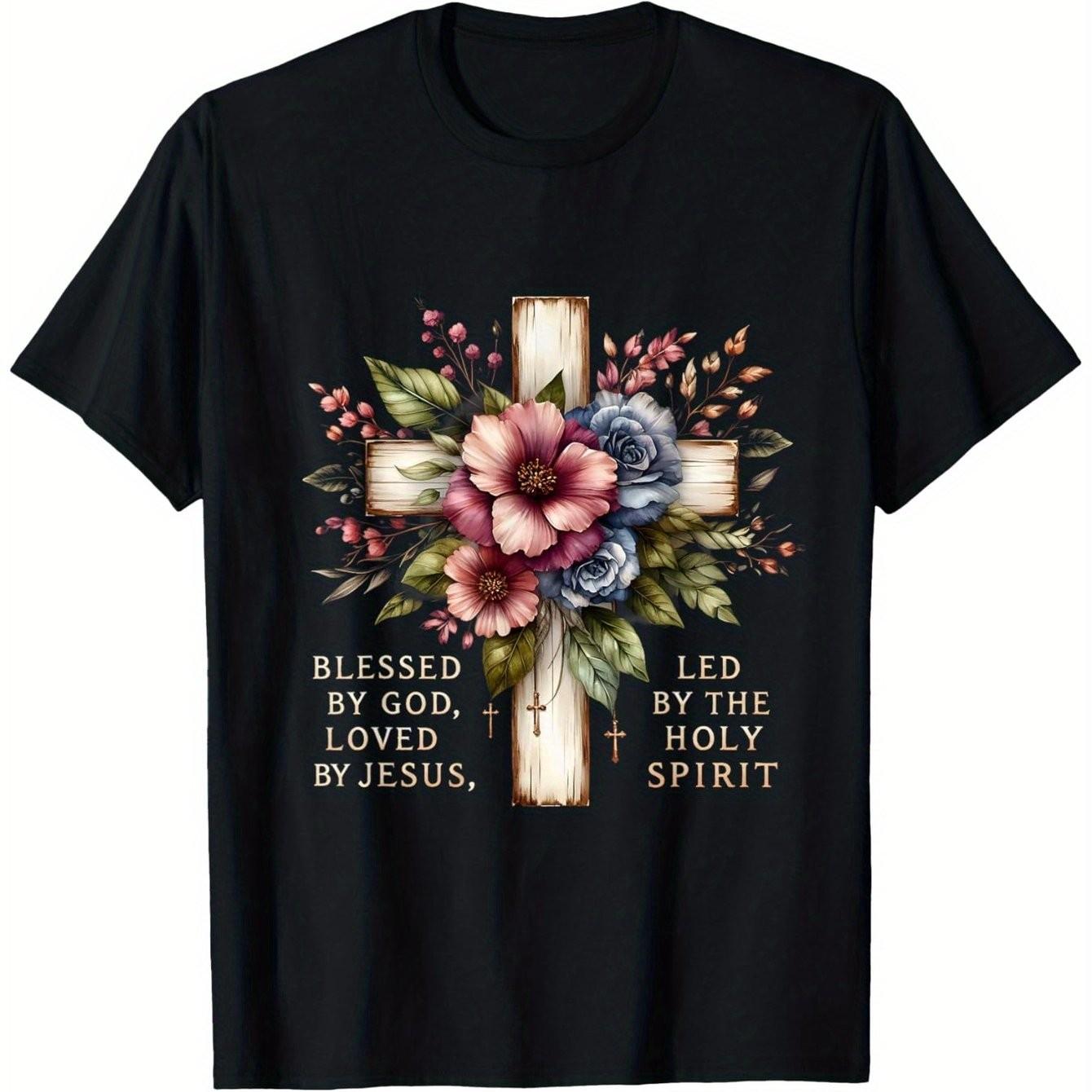 Blessed By God Loved By Jesus Christian Cross Floral Graphic Tee Short Sleeve Casual T-Shirt S