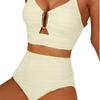 Europäischer und Amerikanischer Einfarbiger Bikini V-Ausschnitt Ausgehöhlt Hohe Taille Badeanzug Textur Plissiert Schmuck Badeanzug Bikini Damen