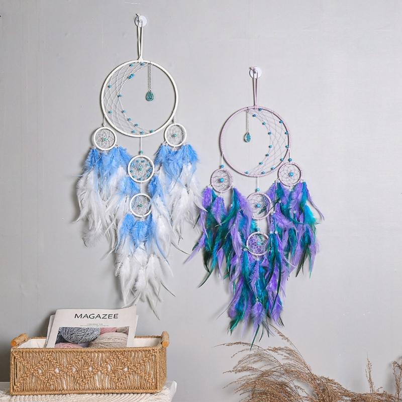 Five Rings Dreamcatcher Colorful Feather Dream Catcher Wall Home Elegant Wall Art for Window Balcony Bedroom Wedding