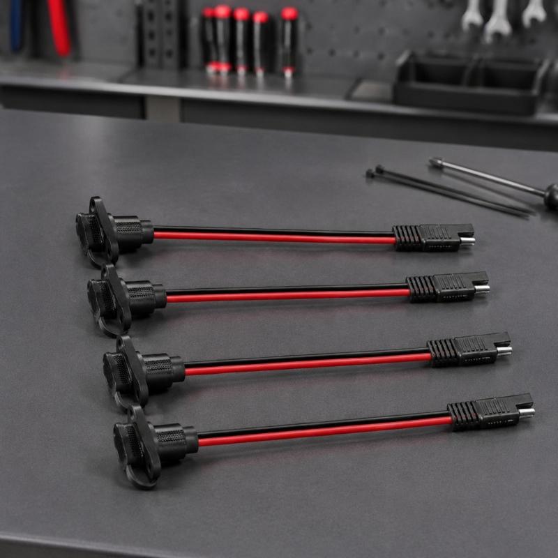 Battery SAE Power Lead with Panel Mount Body, Tethered Dust Cover, Copper Conductors, and Red and Black Wires for Fixed Access, 4 Pack