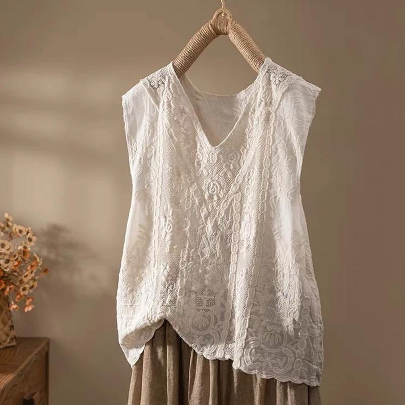 

Женский жилет Хлопковый жилет без рукавов с вязаным скелетом V-образный вырез Топы Однотонный Повседневный Кружевной жилет-майка One Size