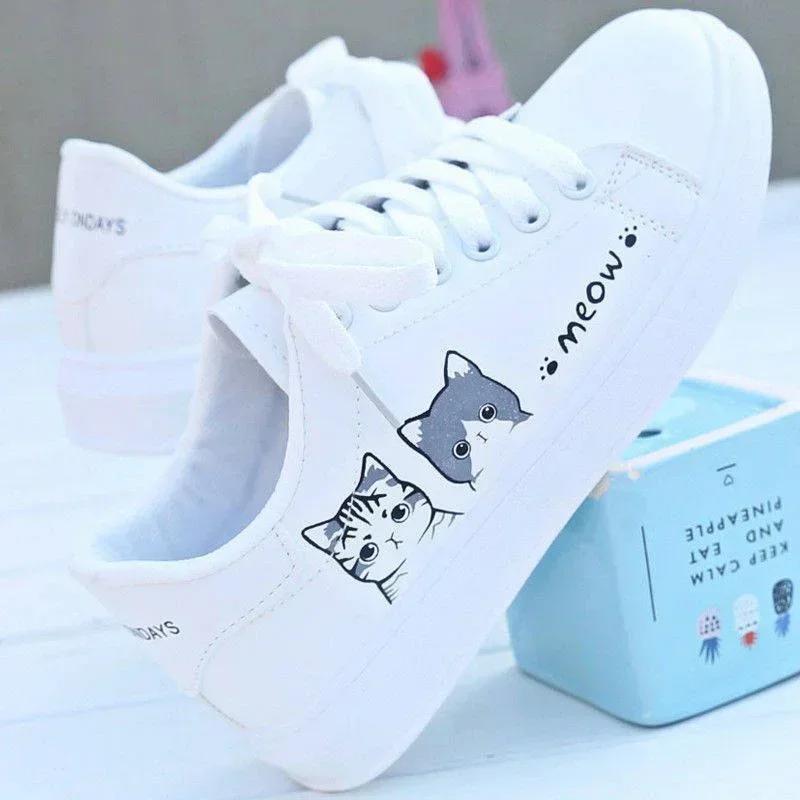 Neuzugang Mode Schnür-Damen-Sneakers Damen Freizeitschuhe Bedruckt Sommer Damen PU-Schuhe Niedliche Katze Schuhe