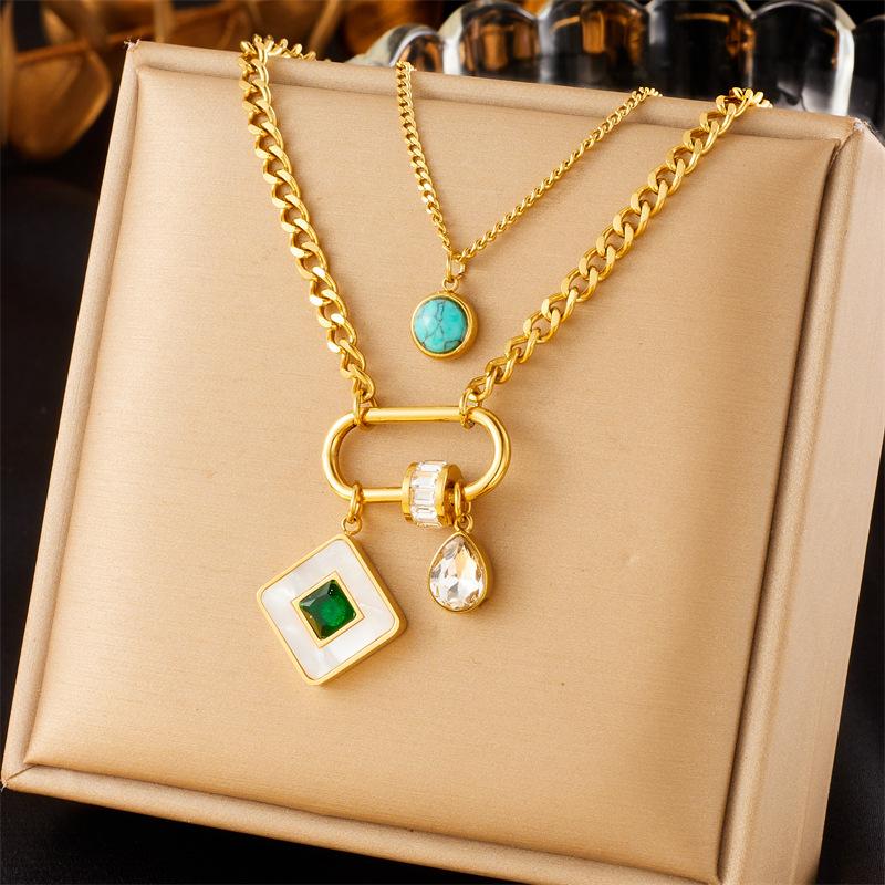 

Fashion Layered Double Chain Multi Element Geometric Square Star of Life Tree Snake Pendant Necklace
