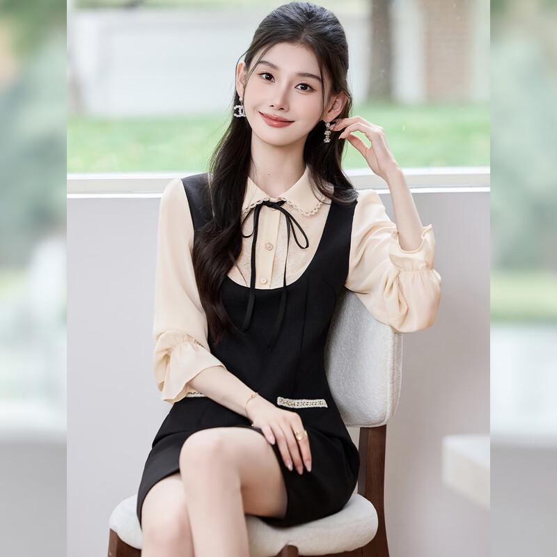 Women's Doll Collar Faux Two-Piece Midi Shirt Dress