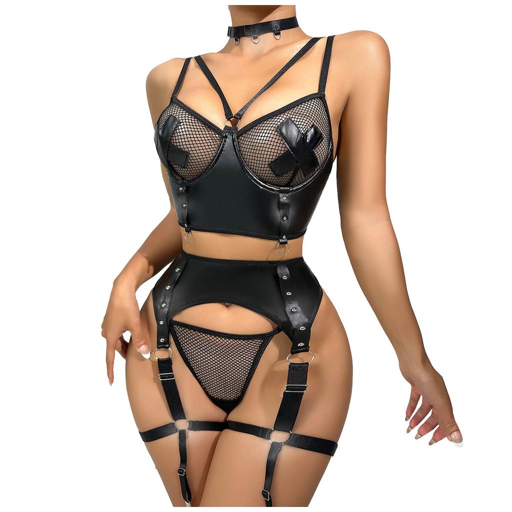 Sexy Lingerie Women Mesh See Through Cross Bra Choker 3pcs Leather Erotic Set Porn Costume Nightwear