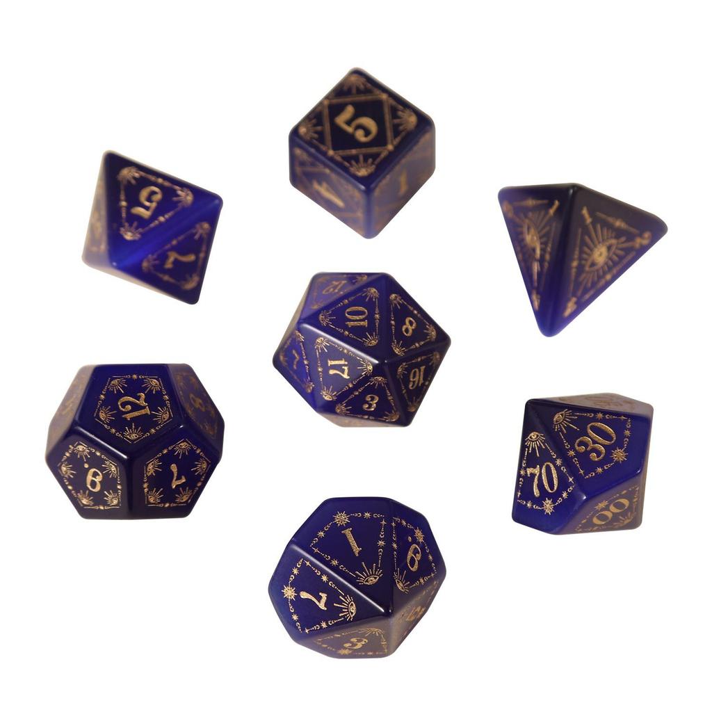 Medium Blue Cat's Eye Dice Set: Eye of Horus Pattern for Dungeons & Dragons