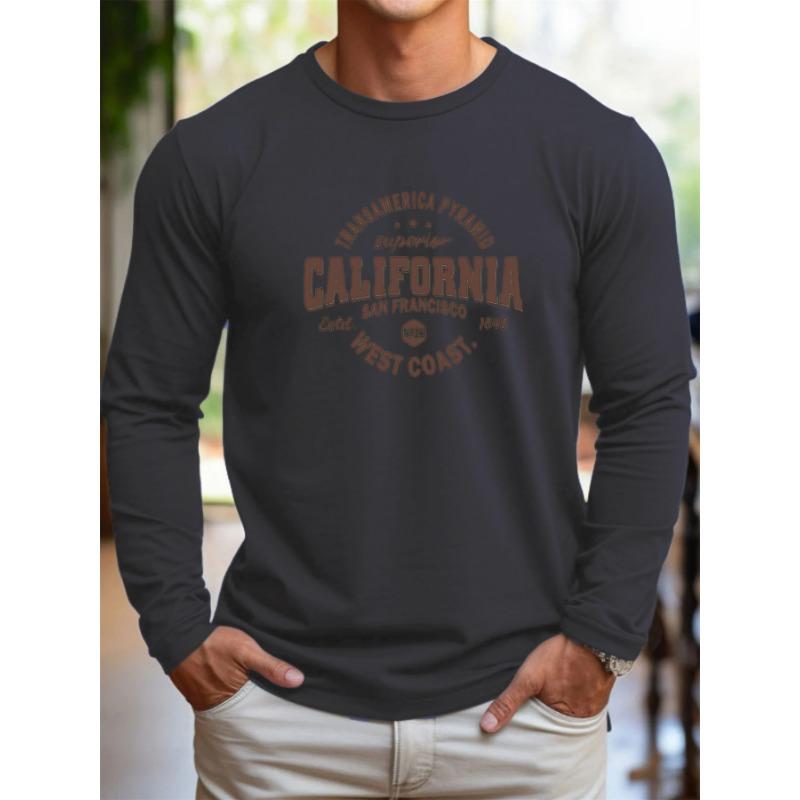 Men's Loose and Comfortable Sports and Leisure California Letter Printed Round Neck Long Sleeved T-shirt Top