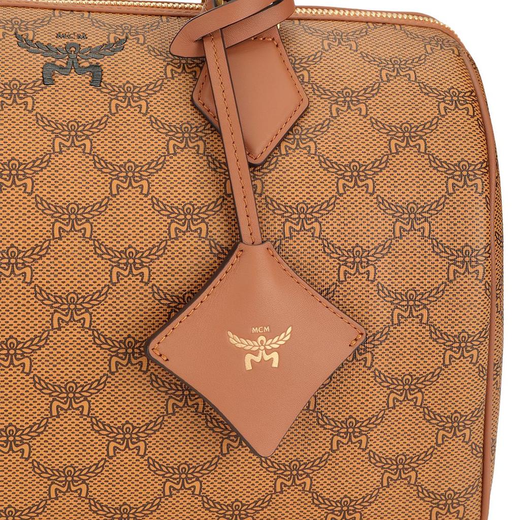 MCM Cognac Visetos Coated Canvas Boston Duffle Bag with Top Handle for Daily & Travel Use