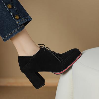 Women's High-heeled Single Shoes Spring and Summer New Thick-heeled Large-size Lace-up Low-top Shoes