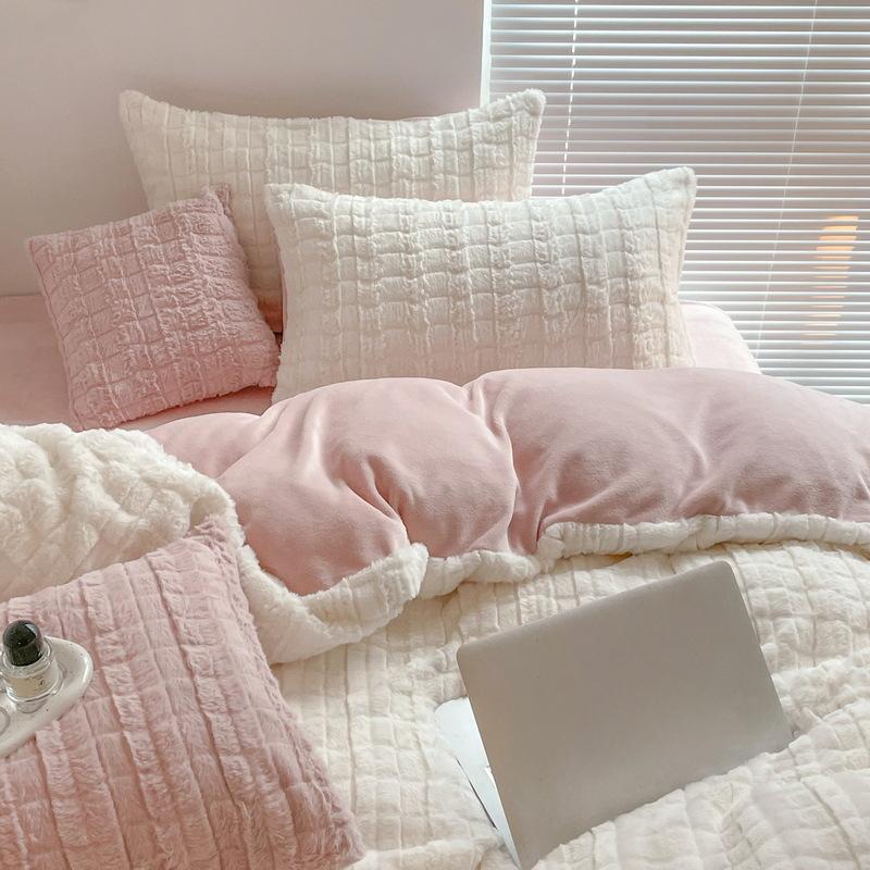 Solid Color Rabbit Hair Small Square Four-piece Set Milk Fleece Bed Sheet Thickened Quilt Cover Waffle Warm Three-piece Set