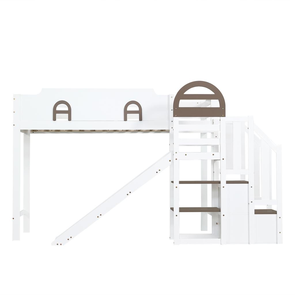 Bunk Bed, Children's with Window, with Slide, Stairs with Handrail, with 2 Lockers, Ample Storage Space, Pine+MDF, White+Brown, 90x200cm