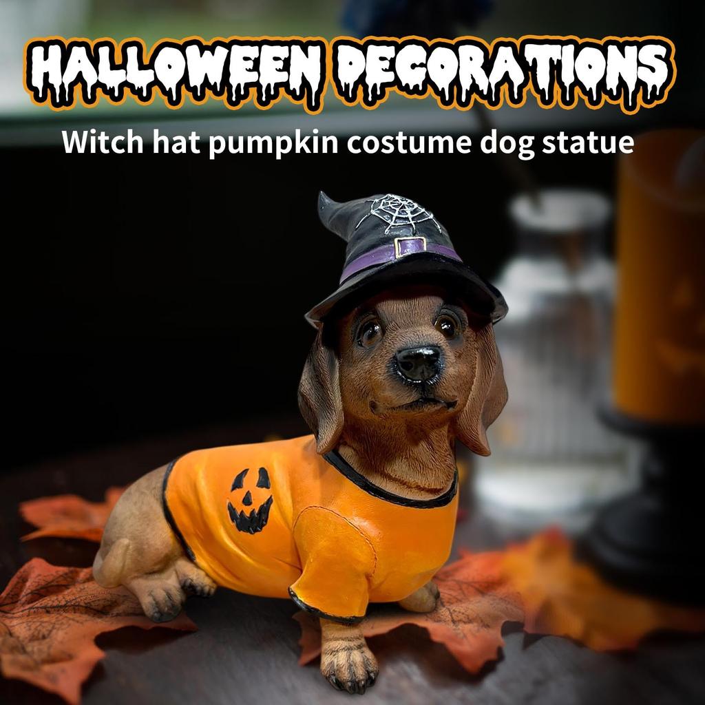 Halloween Dachshund Witch Hat Pumpkin Costume Dog Statue,Holiday Gifts For Friends