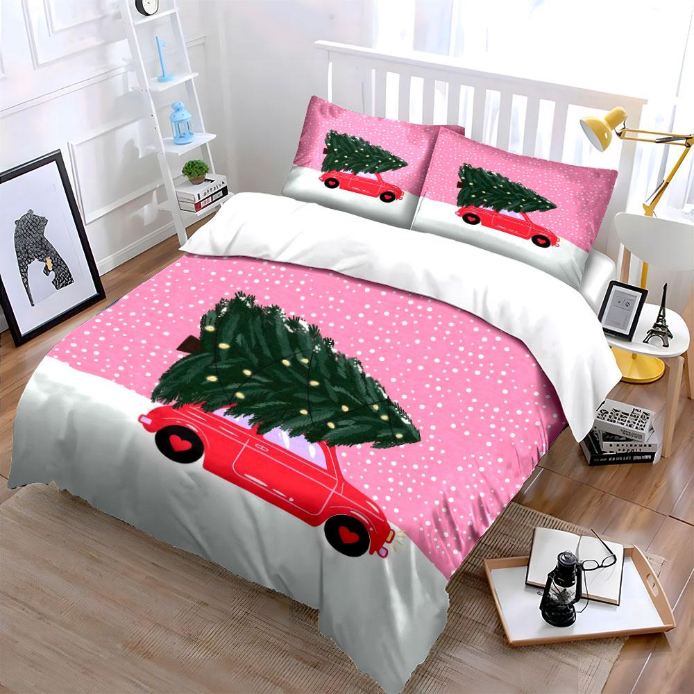 Red Car with Christmas Tree Bedding Duvet Cover Set (1*Duvet Cover 2*Pillowcases, without duvet insert)