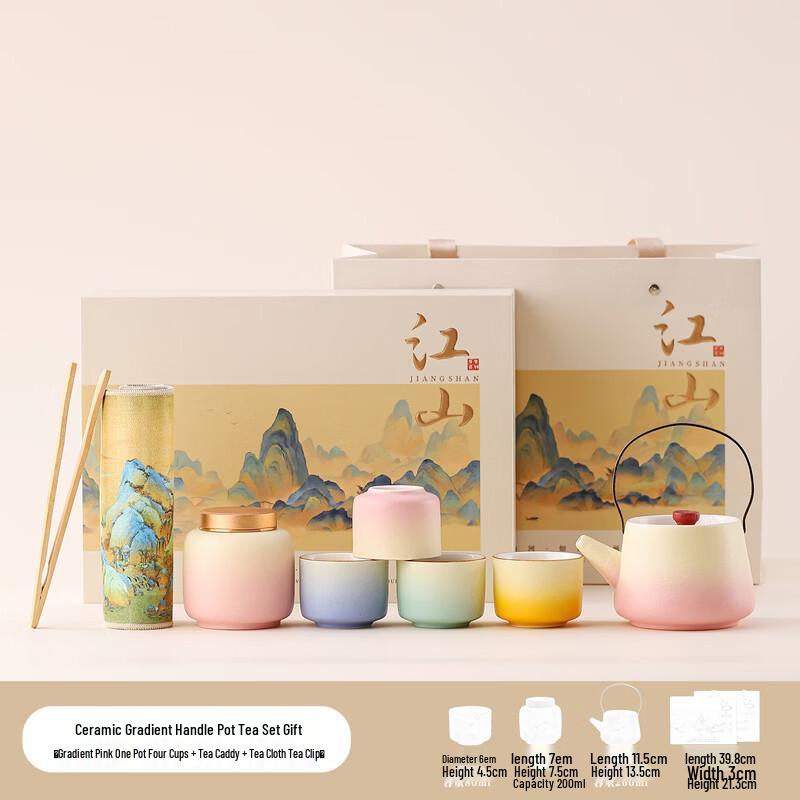 Hand-painted Ceramic Kung Fu Tea Set - Thousand Miles of Rivers and Mountains One Pot Four Cups + Tea Caddy Gift Box