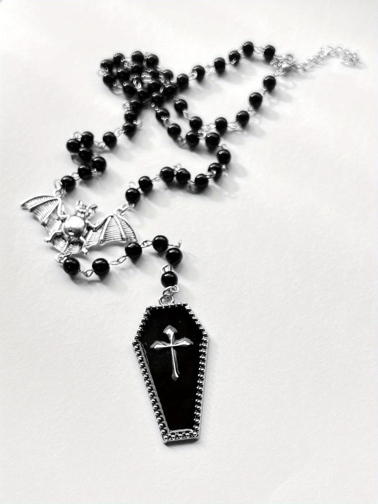 1pc Gothic Y2K Style Beaded Necklace with Bat & Red Cross Pendant - Black Beads, Copper Accents, Perfect for Parties, Graduations, and Travel, Gothic