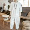 Men's Chinese Linen Pajama Set: Short Sleeve Hanfu Top with Frog Buttons and Cotton Linen Capri Pants In Trendy Loose Fit