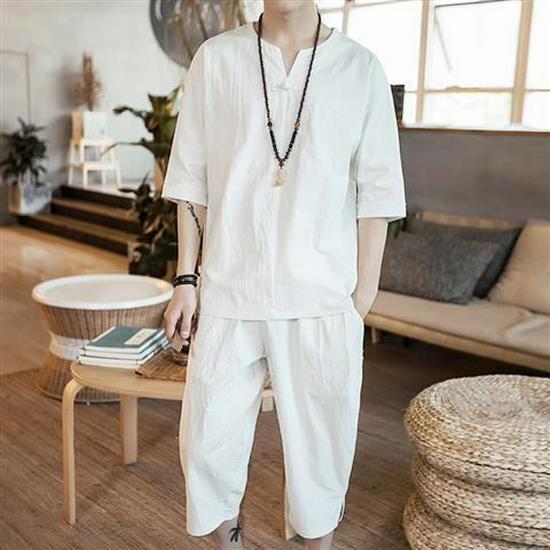 Men's Chinese Linen Pajama Set: Short Sleeve Hanfu Top with Frog Buttons and Cotton Linen Capri Pants In Trendy Loose Fit