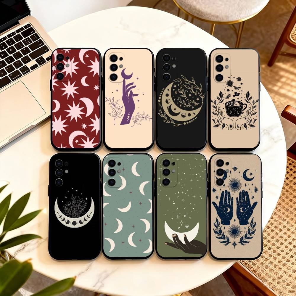 Flower Plant M-Moon Pattern Phone Case Black Silicone Soft For Samsung S25,S24,S21,S22,S23,S30,Ultra,S20,Plus,Fe,Lite