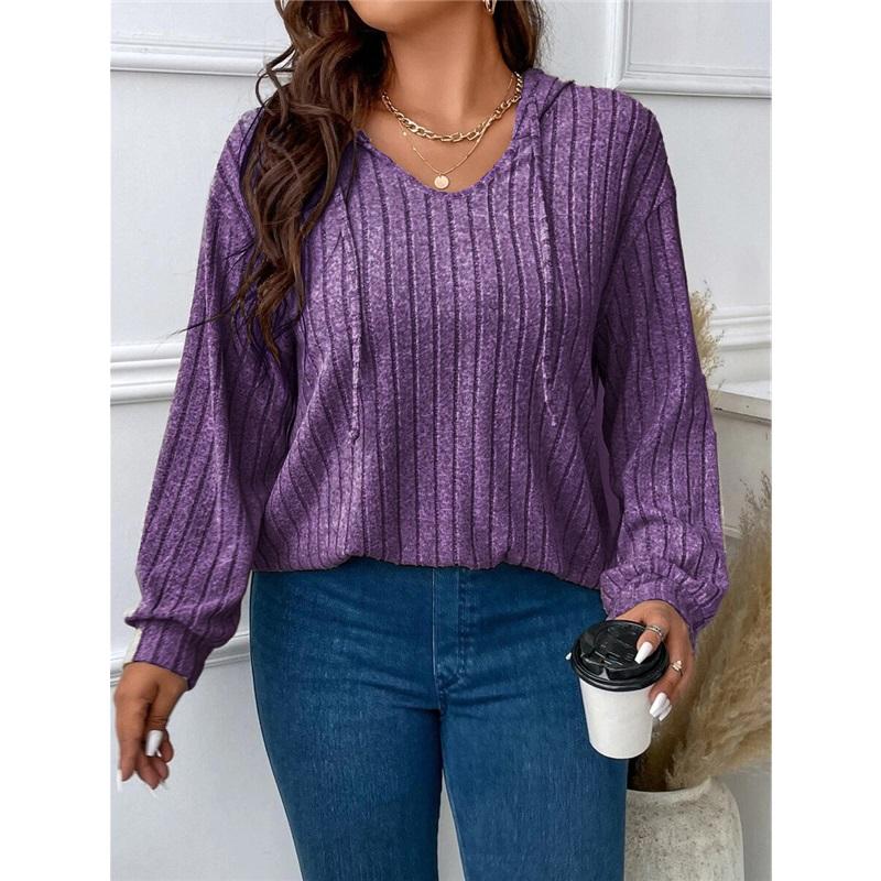 Pullover Women's Solid Color Large Size Comfortable Blouse V-neck Hooded Long-sleeved Pit Strip Brushed T-shirt Loose And Casual