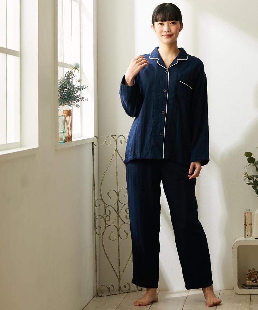 Nissen Pajama and Loungewear Cotton Gauze Pajamas with Collar and Front Size LL Set, Triple-Layer 100% Opening, Greige,