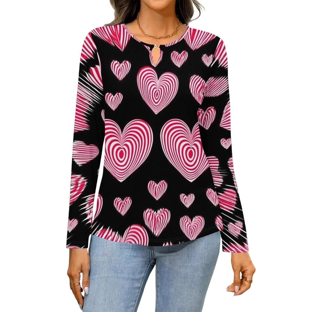 Women's Casual Round Neck Hollow,out Pullover Long Sleeve Valentine's Day Heart Print T,shirt Top
