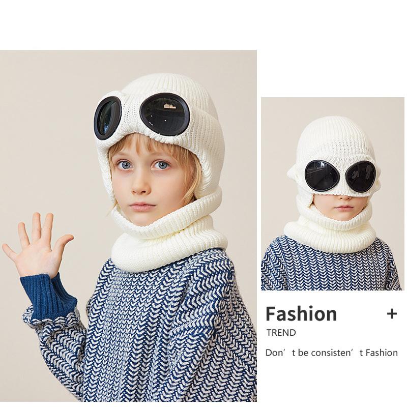 Berretto per bambini Sciarpa in due pezzi Velluto invernale Protezione per le orecchie Berretto di lana con occhiali Berretto lavorato a maglia per ragazzi Berretto da sci Skullies Berretti