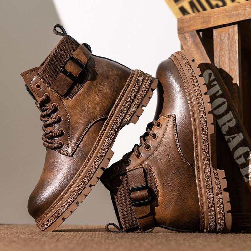 Fashion Autumn Leather Mid-top Shoes Fashion Male Ankle Boots Casual Outdoor Hiking Boots Sneakers Non-Slip Comfy Motocross Boots Botas